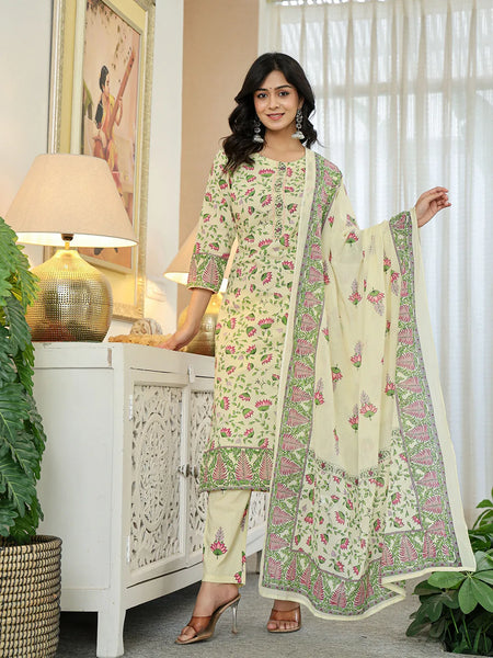 Yufta Yellow Cotton Straight Floral Print Kurta Dupatta Set