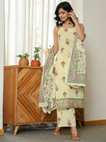 Thumbnail for Yufta Yellow Cotton Straight Sleeveless Strappy Kurta Dupatta Set