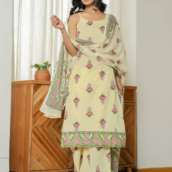 Yufta Yellow Cotton Straight Sleeveless Strappy Kurta Dupatta Set - Distacart