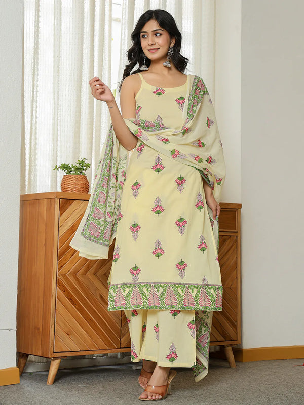 Yufta Yellow Cotton Straight Sleeveless Strappy Kurta Dupatta Set