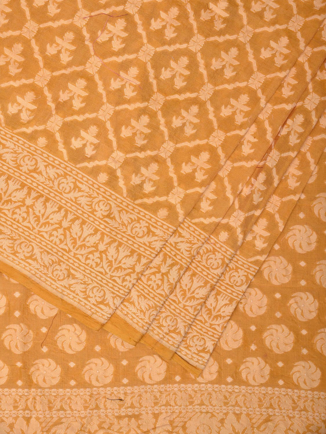 Yellow Cut Work Tussar Cotton Handloom Saree with All Over Jamdani Style Design - Global Threads - Distacart