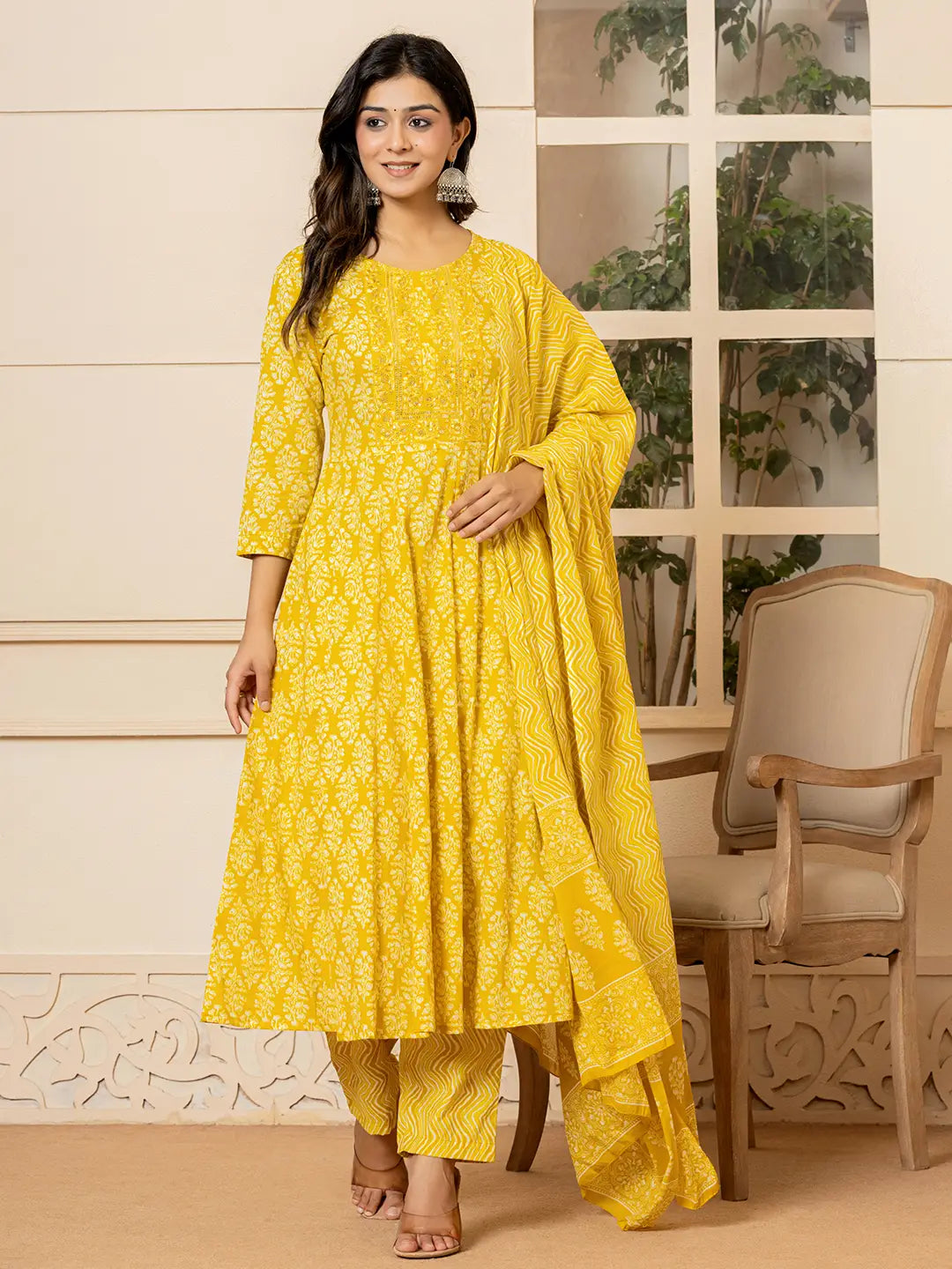Yufta Yellow Embroidered Pure Cotton Anarkali Kurta Trouser With Dupatta Set - Distacart