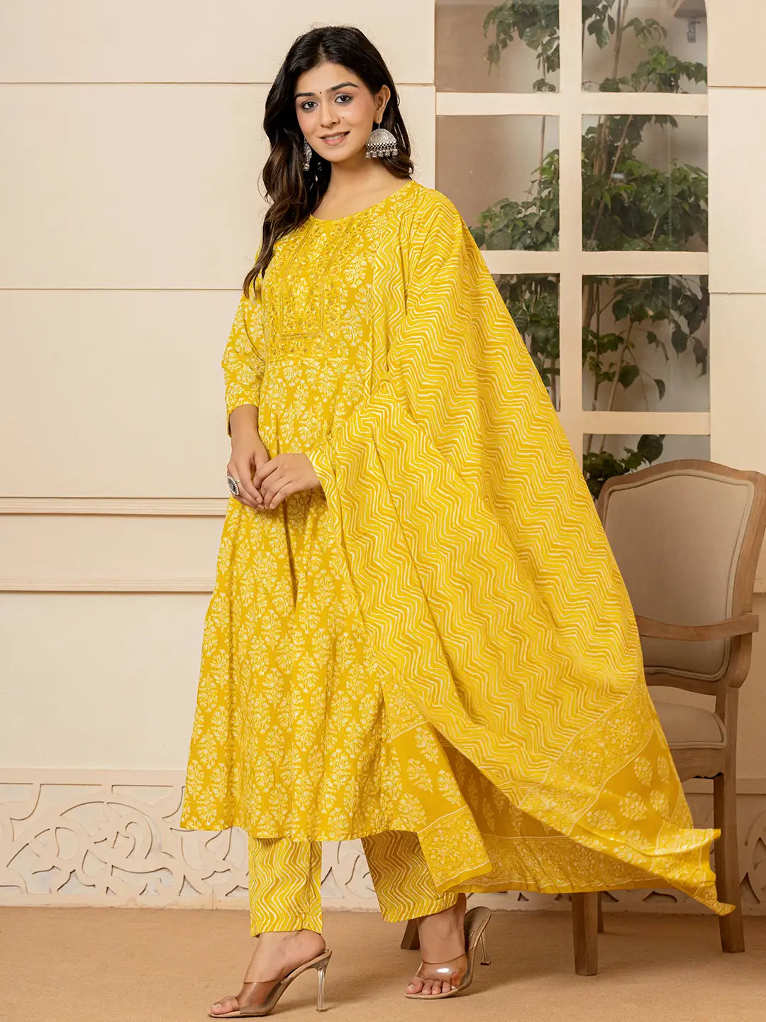 Yufta Yellow Embroidered Pure Cotton Anarkali Kurta Trouser With Dupatta Set - Distacart