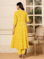 Thumbnail for Yufta Yellow Embroidered Pure Cotton Anarkali Kurta Trouser With Dupatta Set - Distacart