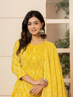 Thumbnail for Yufta Yellow Embroidered Pure Cotton Anarkali Kurta Trouser With Dupatta Set - Distacart