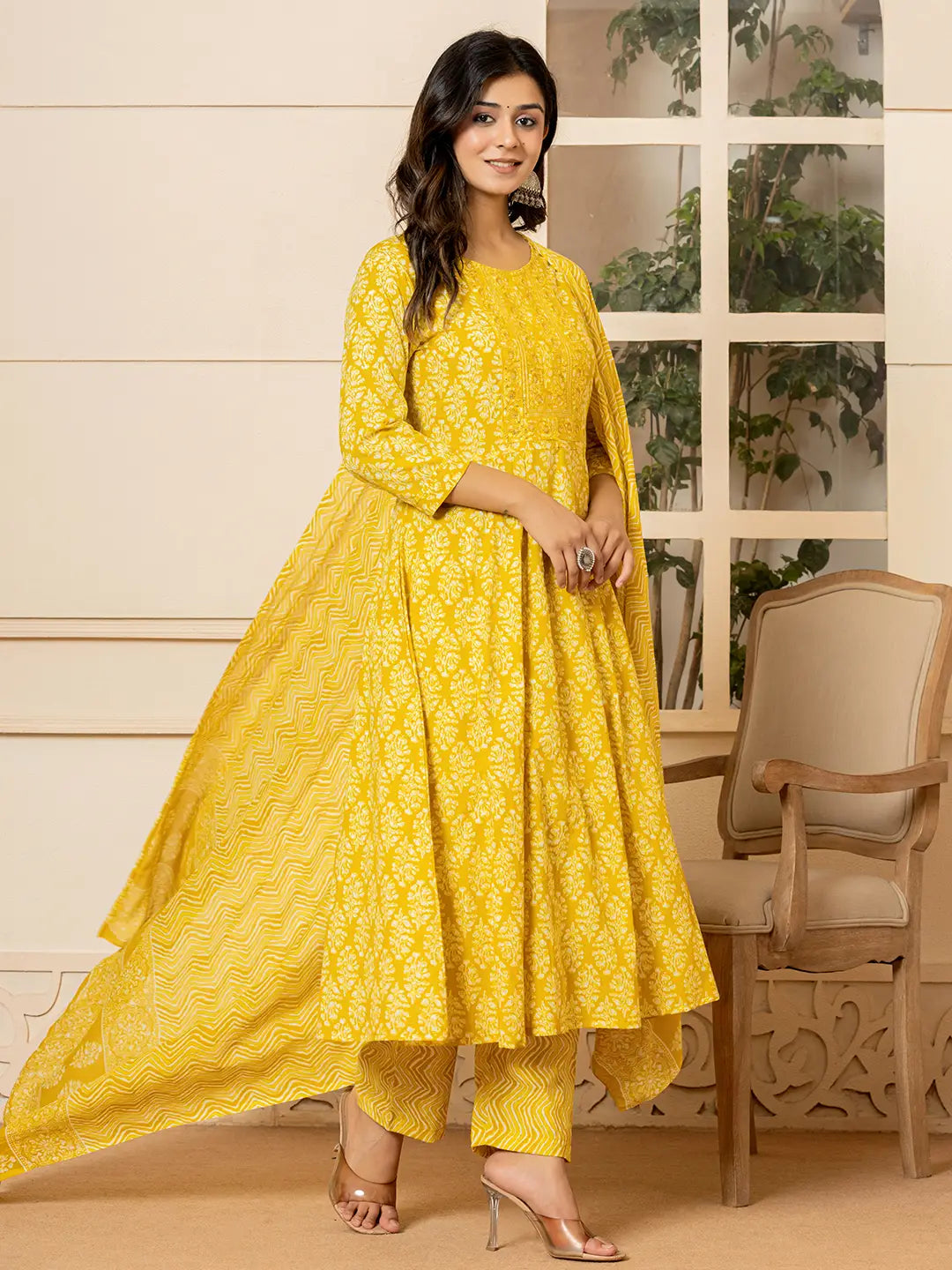 Yufta Yellow Embroidered Pure Cotton Anarkali Kurta Trouser With Dupatta Set - Distacart