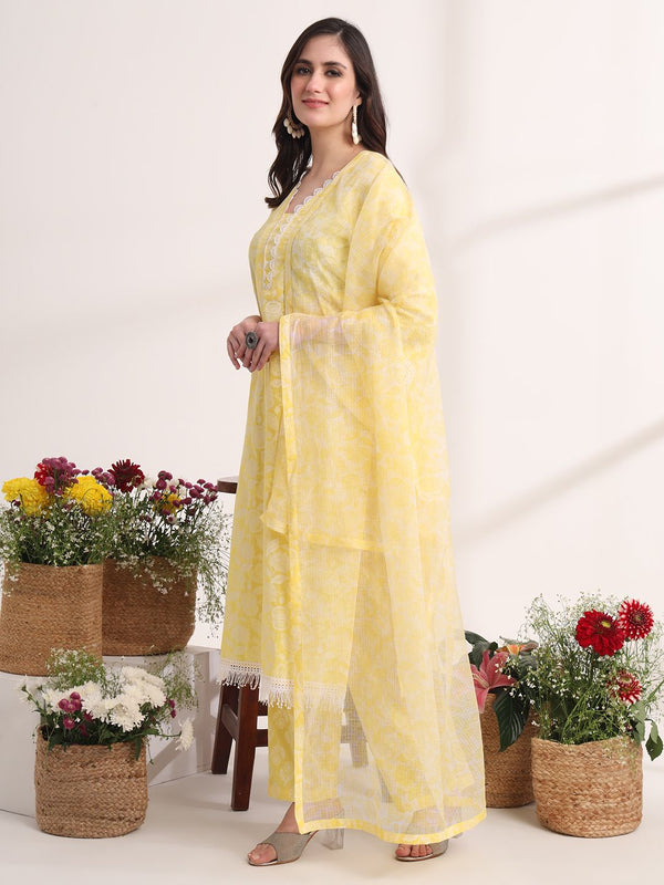 Yufta Yellow Floral Lace Work Straight Kurta Pant Dupatta Set