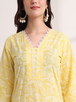Thumbnail for Yufta Yellow Floral Lace Work Straight Kurta Pant Dupatta Set