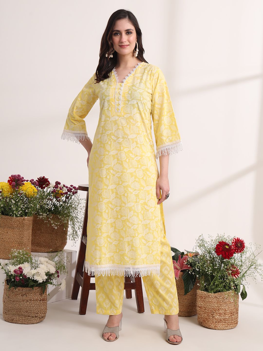 Yufta Yellow Floral Lace Work Straight Kurta Pant Dupatta Set