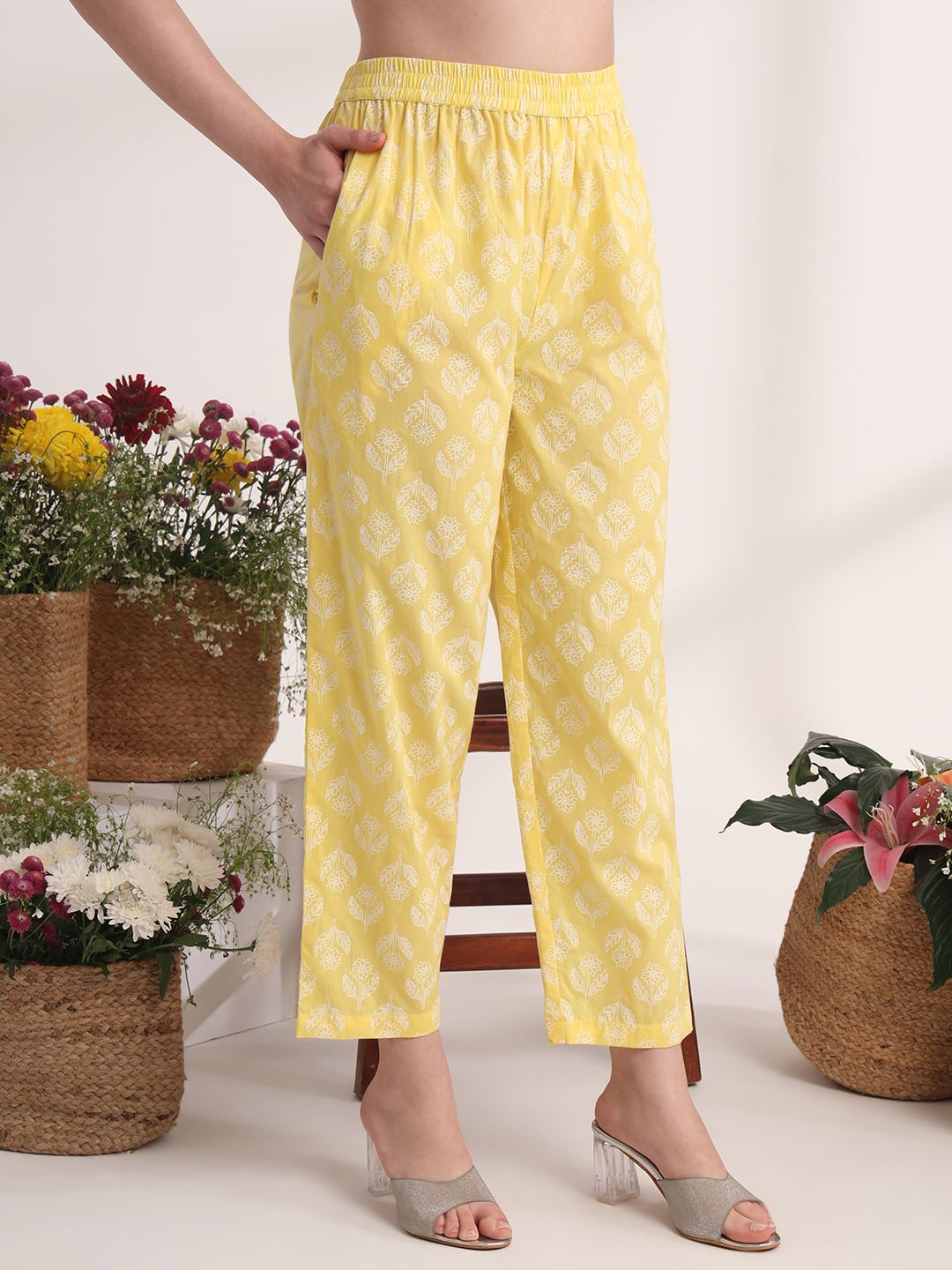 Yufta Yellow Floral Lace Work Straight Kurta Pant Dupatta Set