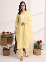 Thumbnail for Yufta Yellow Floral Lace Work Straight Kurta Pant Dupatta Set