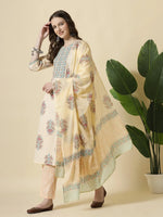 Thumbnail for Yufta Yellow Floral Print Cotton Sequins Work Kurta Set With Pant & Dupatta