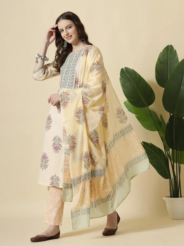 Yufta Yellow Floral Print Cotton Sequins Work Kurta Set With Pant & Dupatta