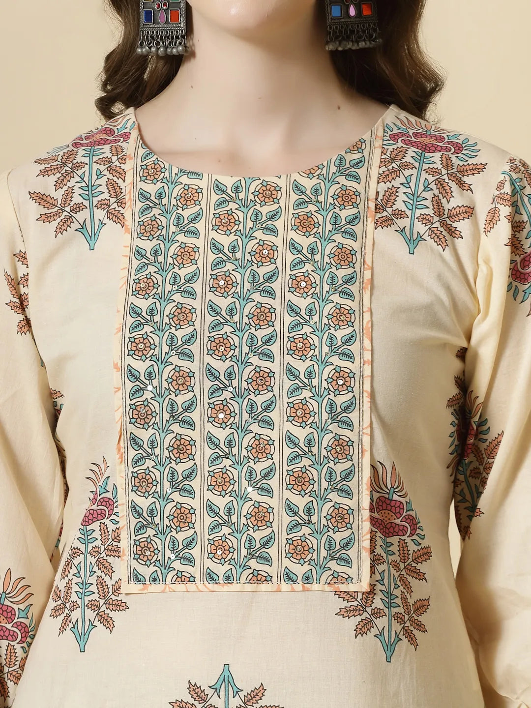 Yufta Yellow Floral Print Cotton Sequins Work Kurta Set With Pant & Dupatta