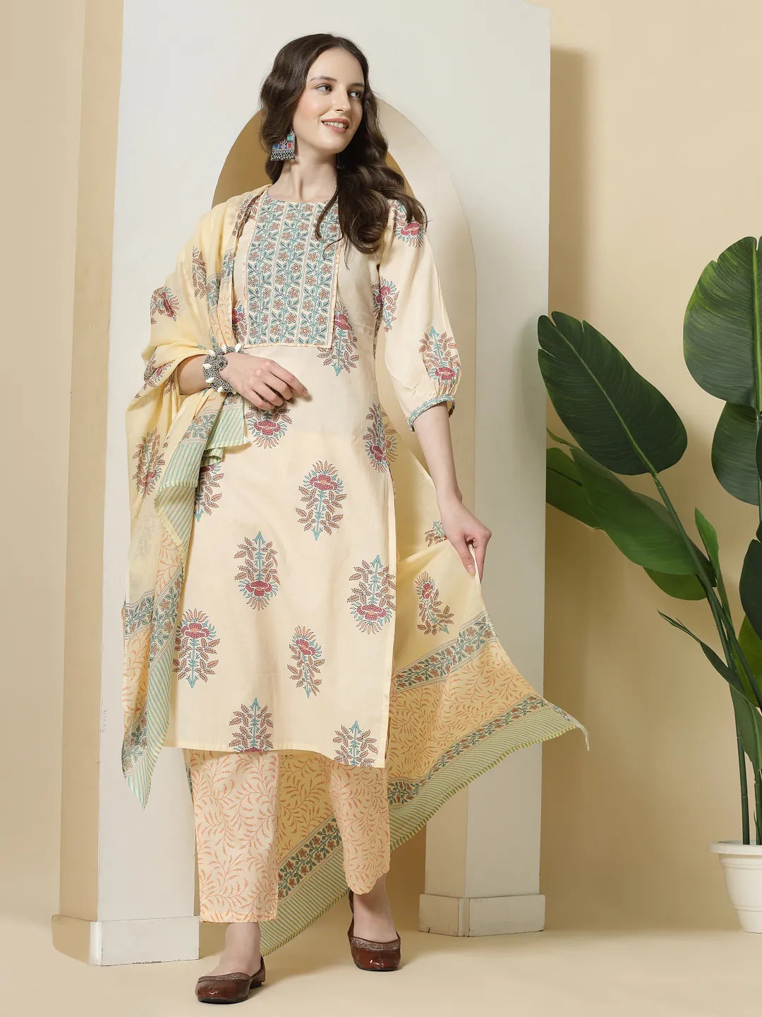 Yufta Yellow Floral Print Cotton Sequins Work Kurta Set With Pant & Dupatta