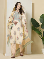 Thumbnail for Yufta Yellow Floral Print Cotton Sequins Work Kurta Set With Pant & Dupatta