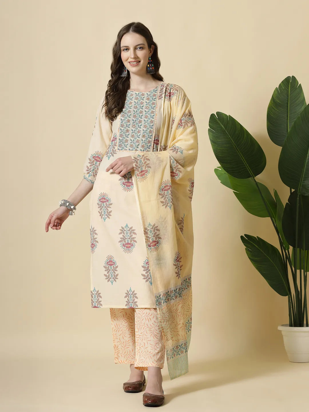 Yufta Yellow Floral Print Cotton Sequins Work Kurta Set With Pant & Dupatta - Distacart