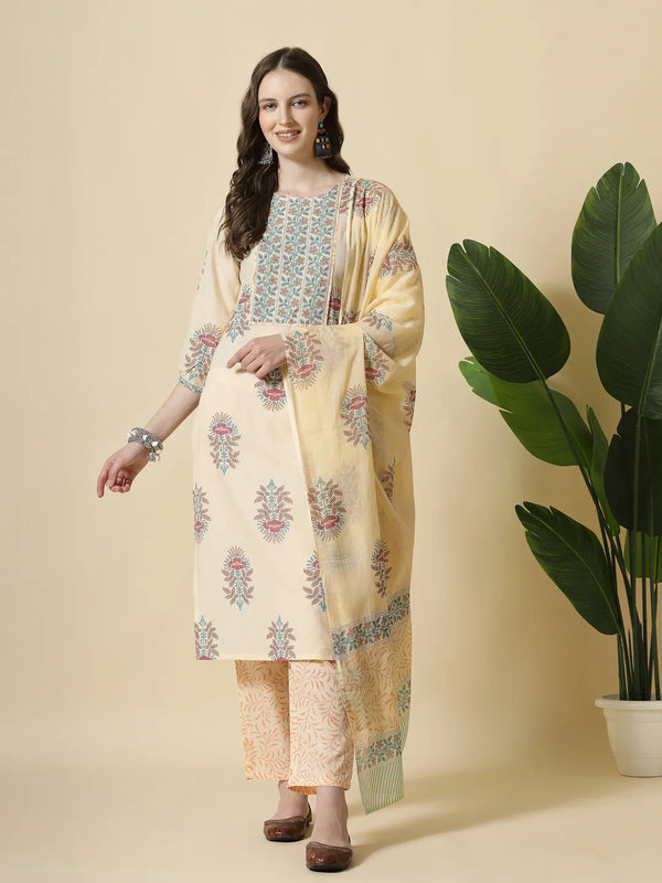 Yufta Yellow Floral Print Cotton Sequins Work Kurta Set With Pant & Dupatta