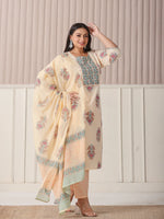 Thumbnail for Yufta Yellow Floral Print Cotton Sequins Work Plus Size Kurta Set With Pant & Dupatta