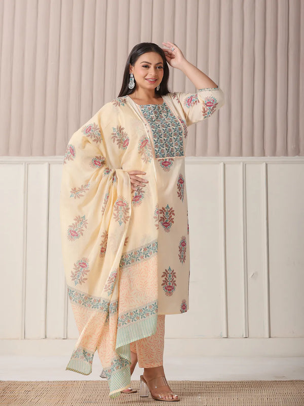 Yufta Yellow Floral Print Cotton Sequins Work Plus Size Kurta Set With Pant & Dupatta