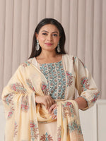 Thumbnail for Yufta Yellow Floral Print Cotton Sequins Work Plus Size Kurta Set With Pant & Dupatta