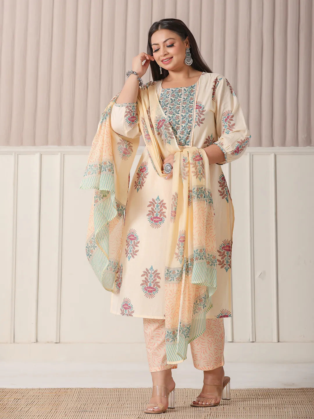 Yufta Yellow Floral Print Cotton Sequins Work Plus Size Kurta Set With Pant & Dupatta