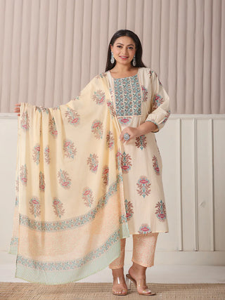 Yufta Yellow Floral Print Cotton Sequins Work Plus Size Kurta Set With Pant & Dupatta - Distacart