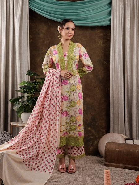 Yufta Yellow Floral Print Pure Cotton Beads Straight Kurta Dupatta Set With Lace Detailing