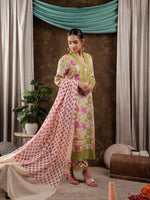 Thumbnail for Yufta Yellow Floral Print Pure Cotton Beads Straight Kurta Dupatta Set With Lace Detailing