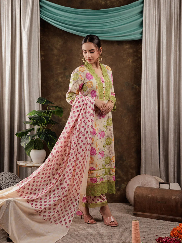 Yufta Yellow Floral Print Pure Cotton Beads Straight Kurta Dupatta Set With Lace Detailing