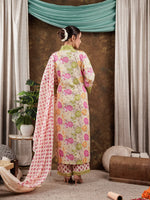 Thumbnail for Yufta Yellow Floral Print Pure Cotton Beads Straight Kurta Dupatta Set With Lace Detailing