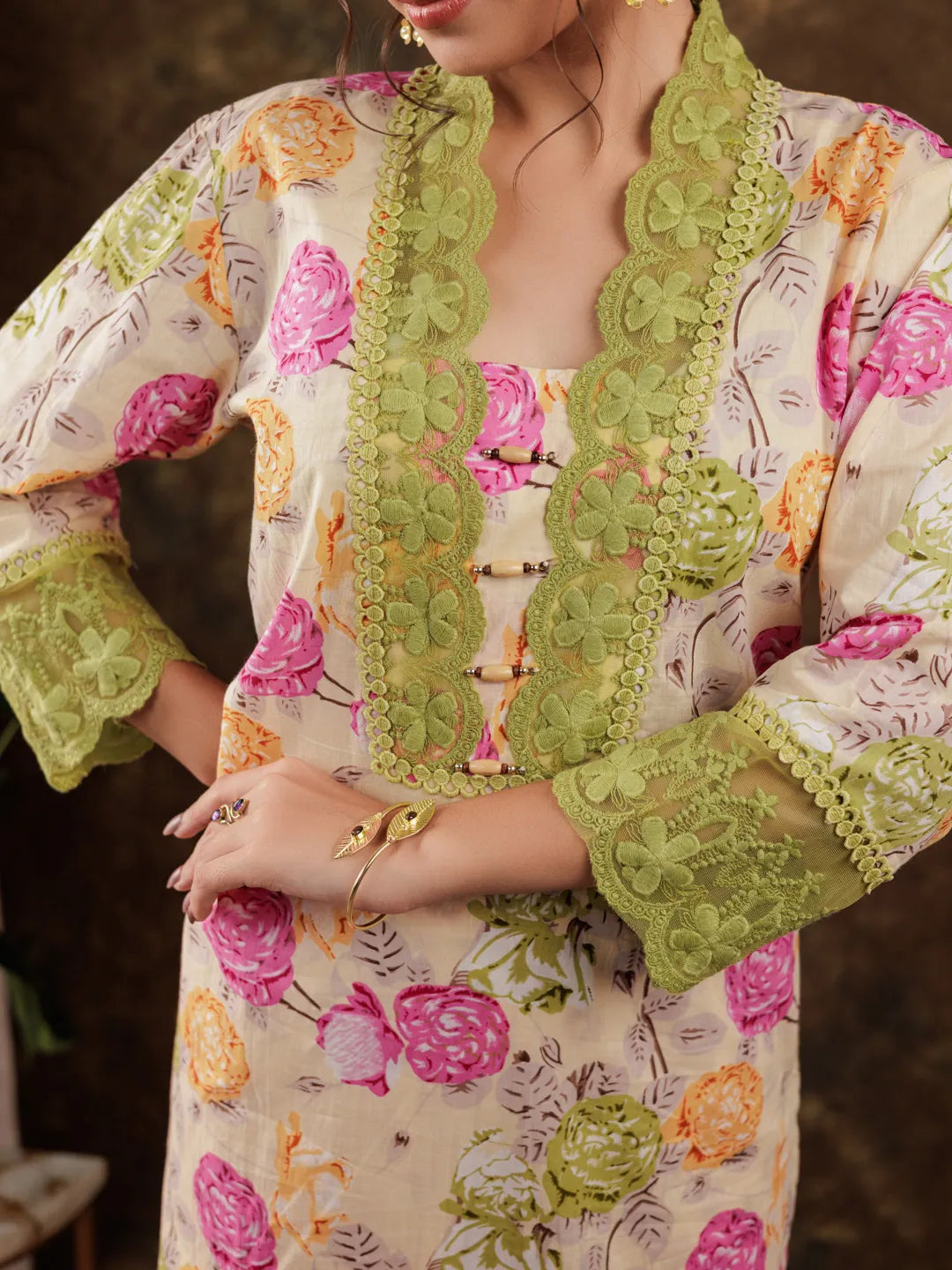 Yufta Yellow Floral Print Pure Cotton Beads Straight Kurta Dupatta Set With Lace Detailing