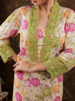 Thumbnail for Yufta Yellow Floral Print Pure Cotton Beads Straight Kurta Dupatta Set With Lace Detailing