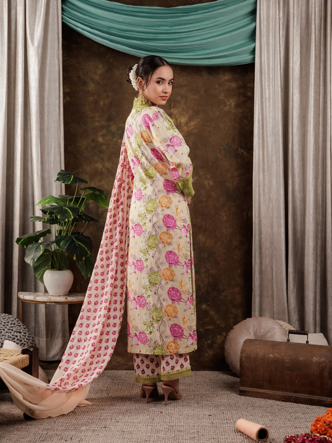 Yufta Yellow Floral Print Pure Cotton Beads Straight Kurta Dupatta Set With Lace Detailing