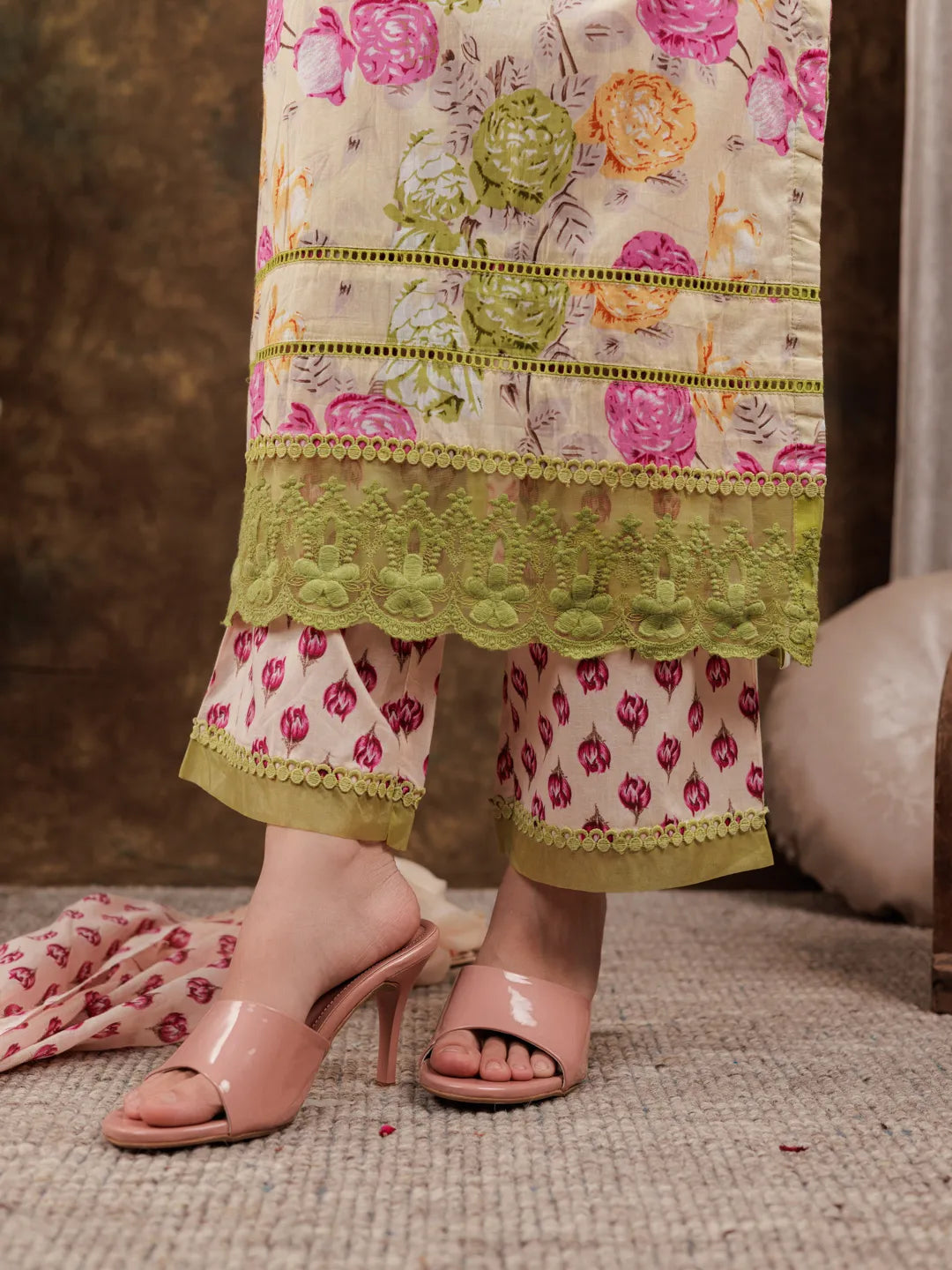 Yufta Yellow Floral Print Pure Cotton Beads Straight Kurta Dupatta Set With Lace Detailing