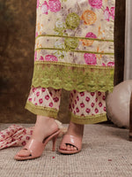 Thumbnail for Yufta Yellow Floral Print Pure Cotton Beads Straight Kurta Dupatta Set With Lace Detailing