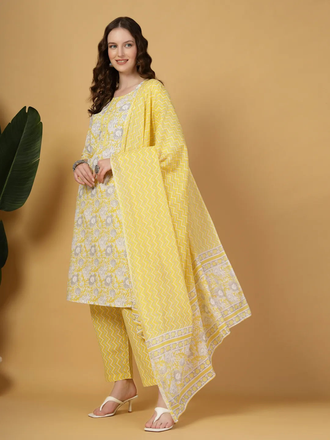Yufta Yellow Floral Print Straight Kurta Trouser Dupatta Set - Distacart