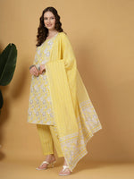 Thumbnail for Yufta Yellow Floral Print Straight Kurta Trouser Dupatta Set