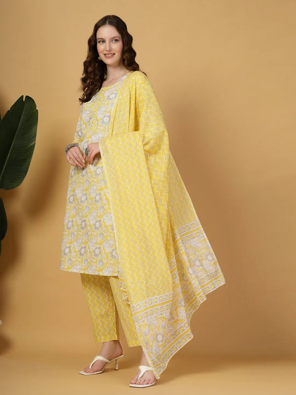 Yufta Yellow Floral Print Straight Kurta Trouser Dupatta Set