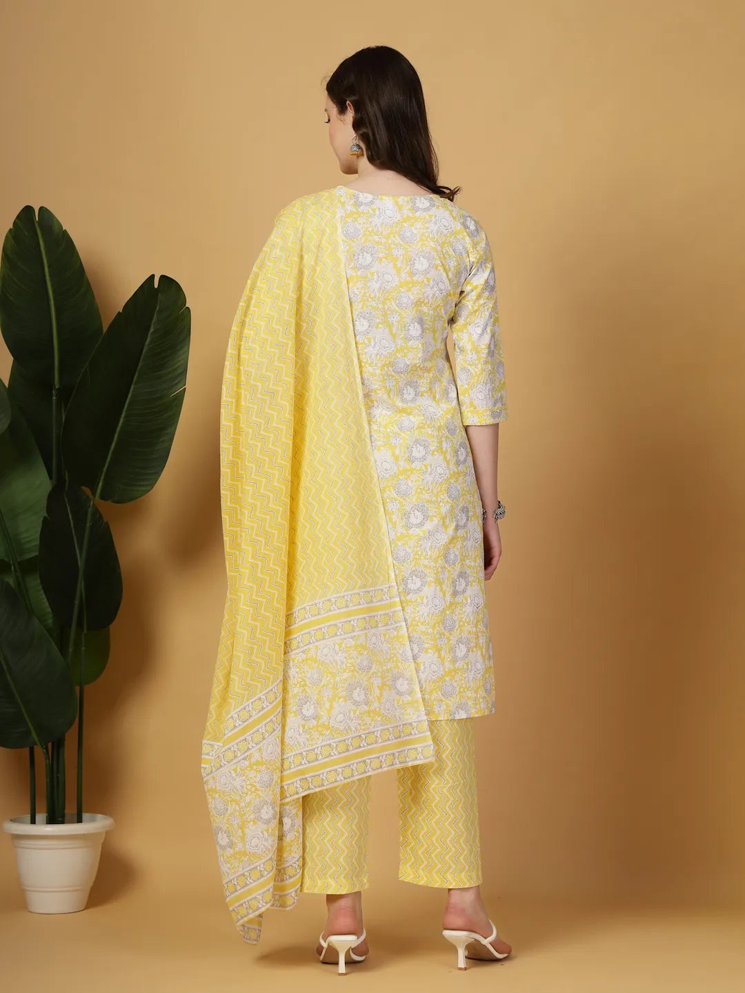 Yufta Yellow Floral Print Straight Kurta Trouser Dupatta Set