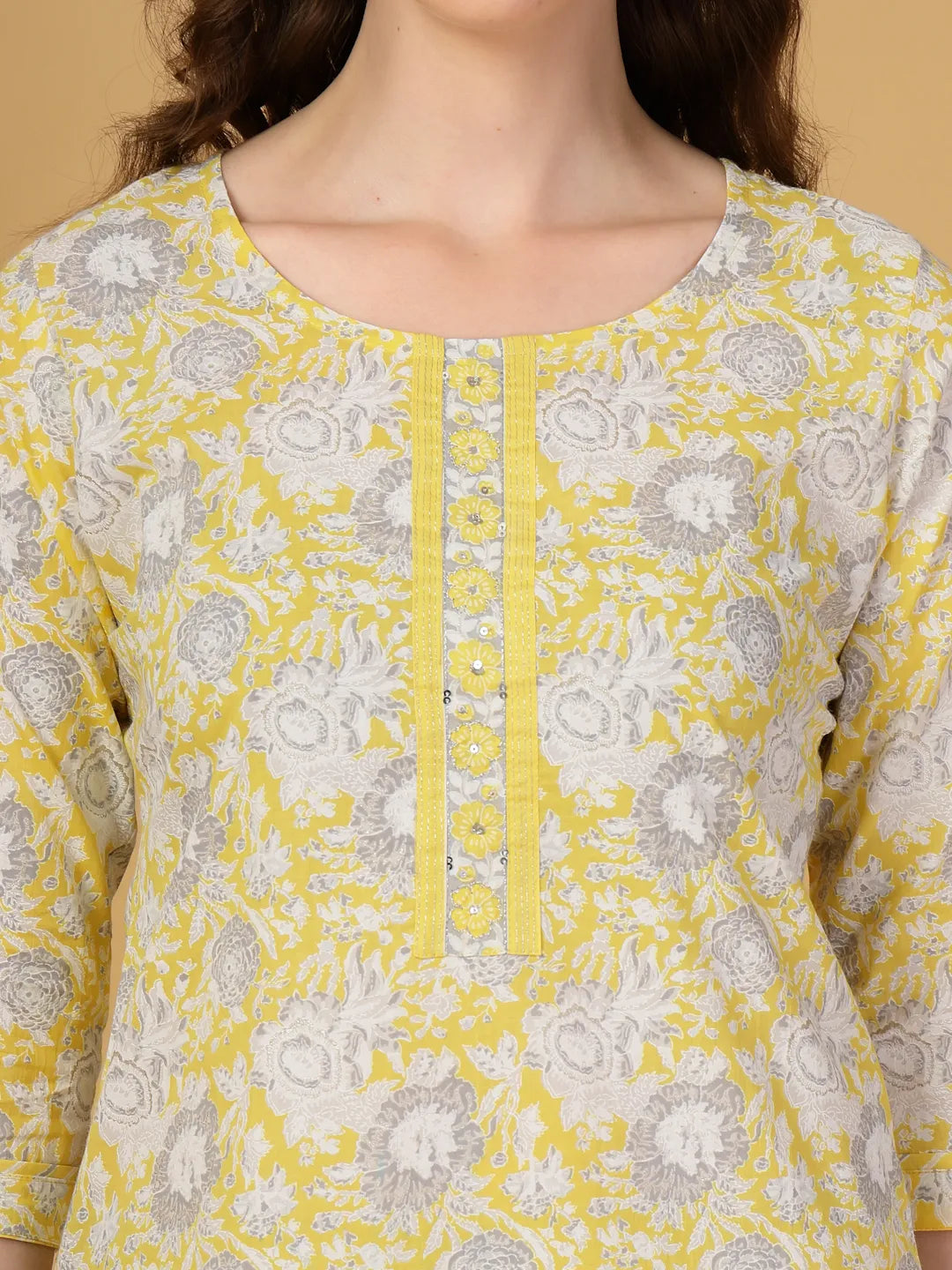 Yufta Yellow Floral Print Straight Kurta Trouser Dupatta Set
