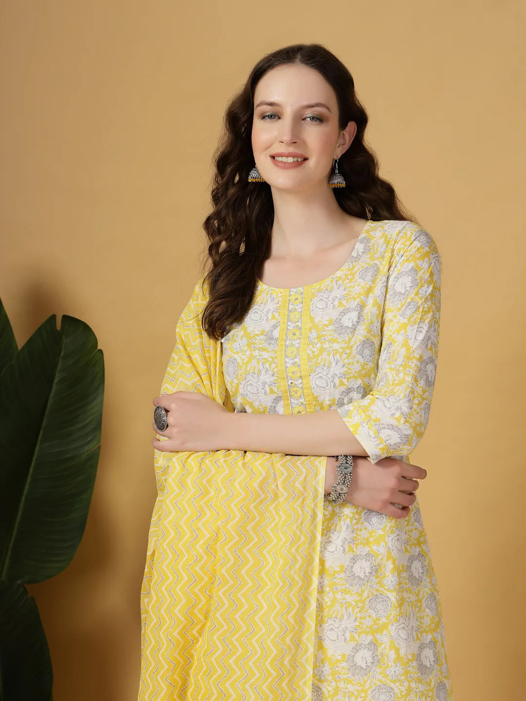 Yufta Yellow Floral Print Straight Kurta Trouser Dupatta Set