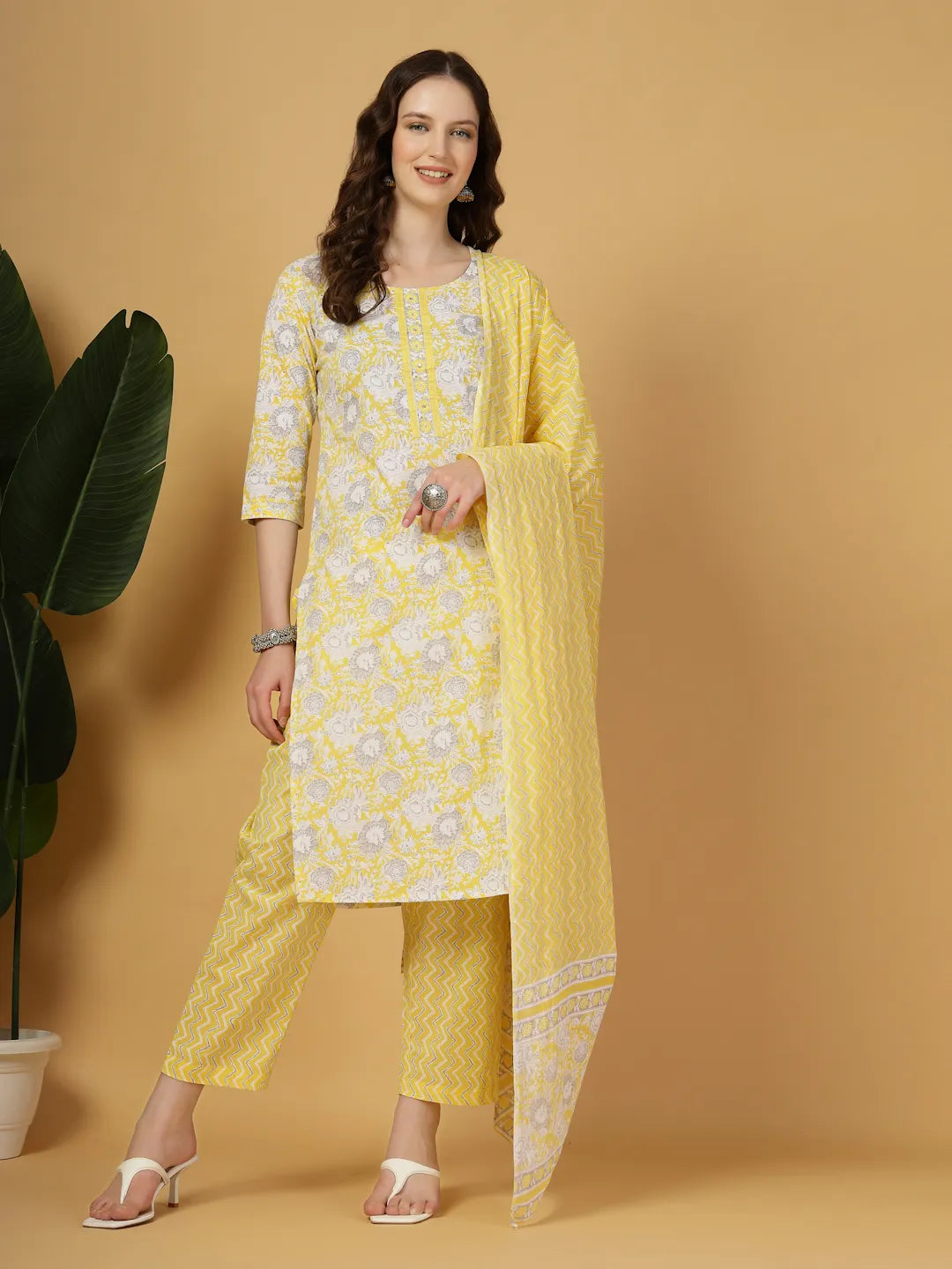 Yufta Yellow Floral Print Straight Kurta Trouser Dupatta Set - Distacart
