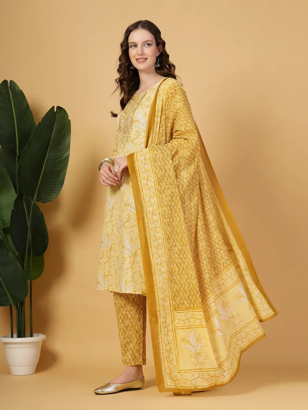 Yufta Yellow Floral Print Thread-Work Straight Kurta Trouser Dupatta Set - Distacart