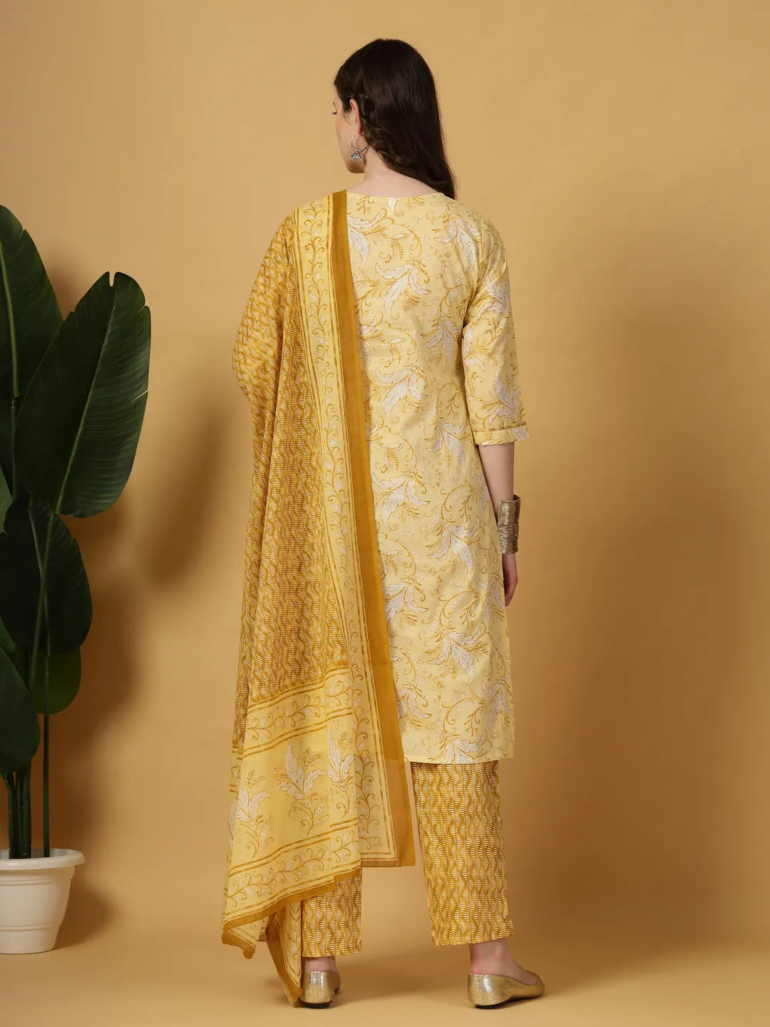 Yufta Yellow Floral Print Thread-Work Straight Kurta Trouser Dupatta Set