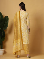 Thumbnail for Yufta Yellow Floral Print Thread-Work Straight Kurta Trouser Dupatta Set