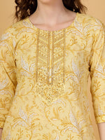 Thumbnail for Yufta Yellow Floral Print Thread-Work Straight Kurta Trouser Dupatta Set