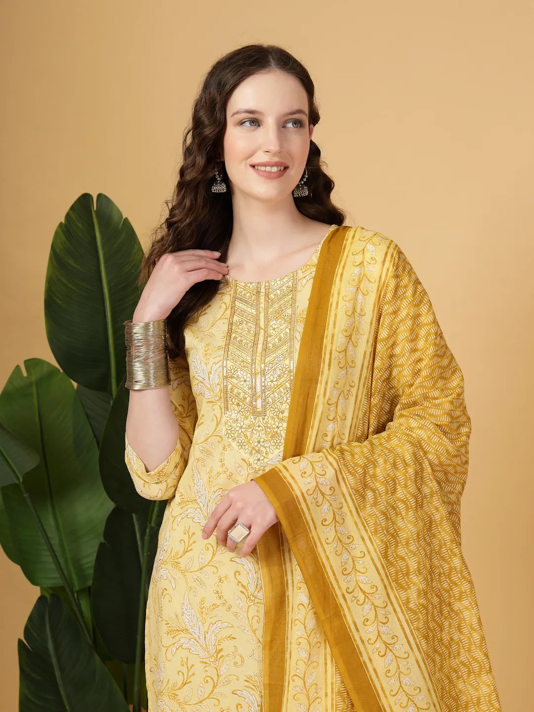 Yufta Yellow Floral Print Thread-Work Straight Kurta Trouser Dupatta Set