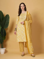 Thumbnail for Yufta Yellow Floral Print Thread-Work Straight Kurta Trouser Dupatta Set