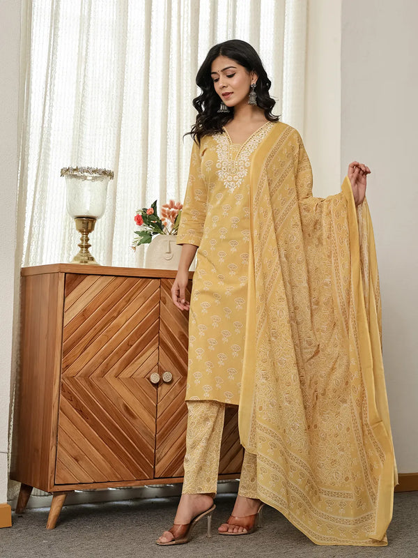 Yufta Yellow Floral Thread Work Straight Kurta Trouser Dupatta Set
